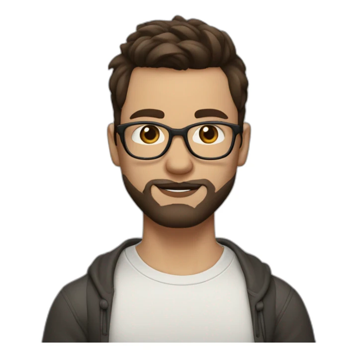 guy with clear glasses and earring in left ear, dark eyes, short brown hair with a fringe, large lips, pale skin and beard sticker