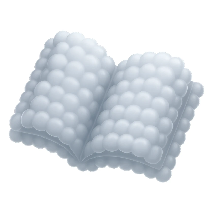 thick open book made entirely of small, very bright white fluffy convex clouds, matte glass style sticker