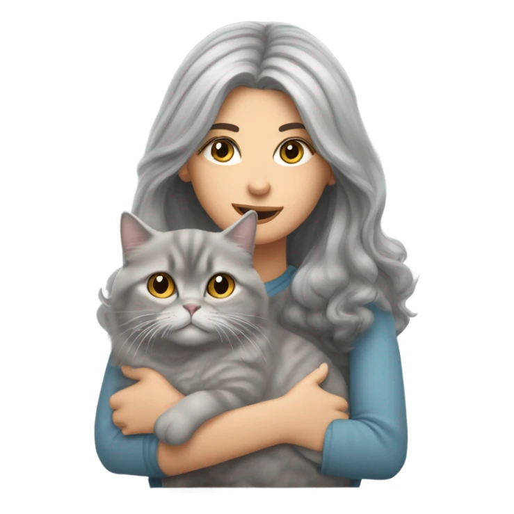 blow out haired woman snuggling grey tabby persian cat sticker