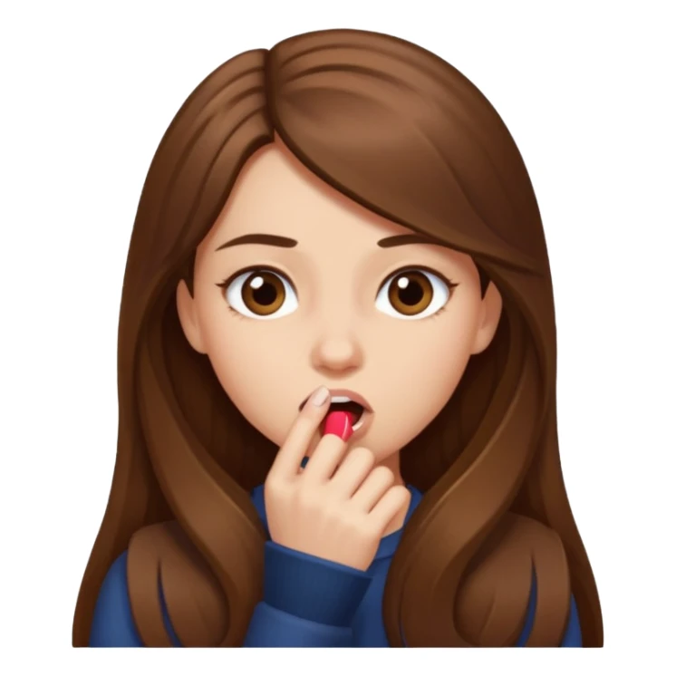 emoji de una chica con cabello largo y castaño, mordiéndose la uña sticker