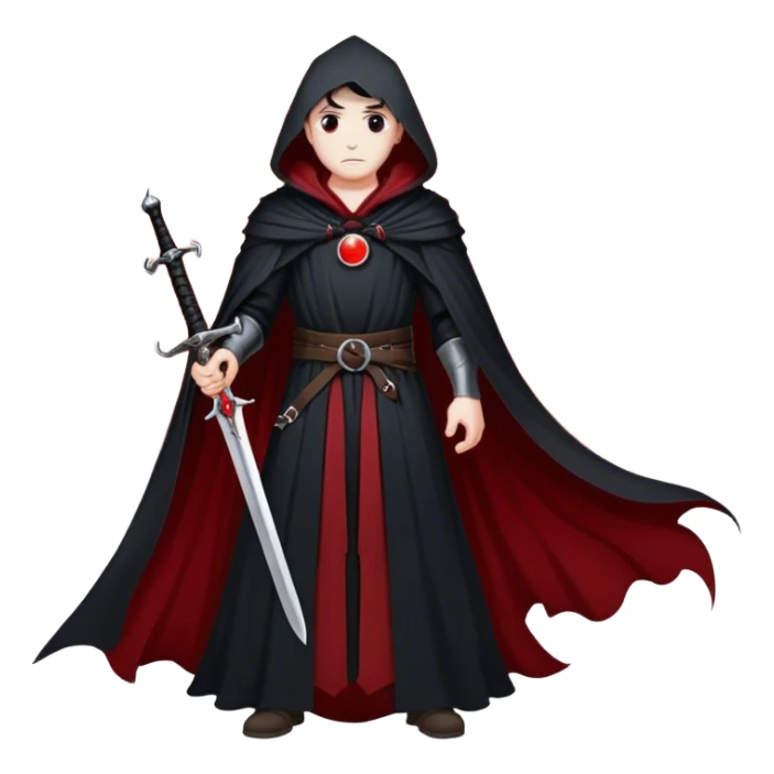 A lone swordsman in a flowing black cloak, standing under a blood-red moon sticker