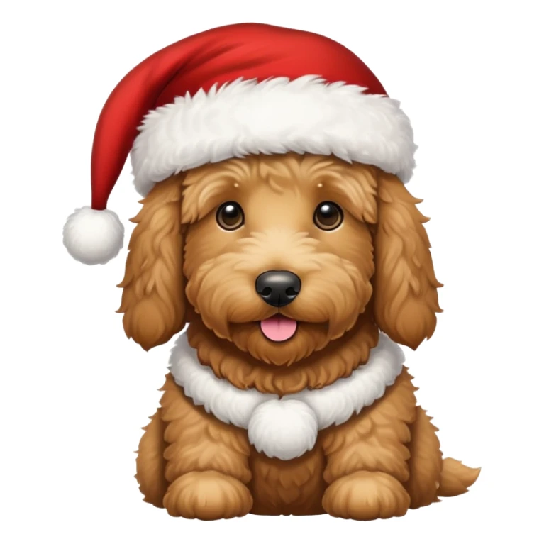 Tan golden doodle wearing a Santa hat sticker