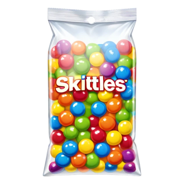 A Skittles candy package completely wrapped in clear packing tape, shiny reflective surface, rainbow colored bag under tape sticker