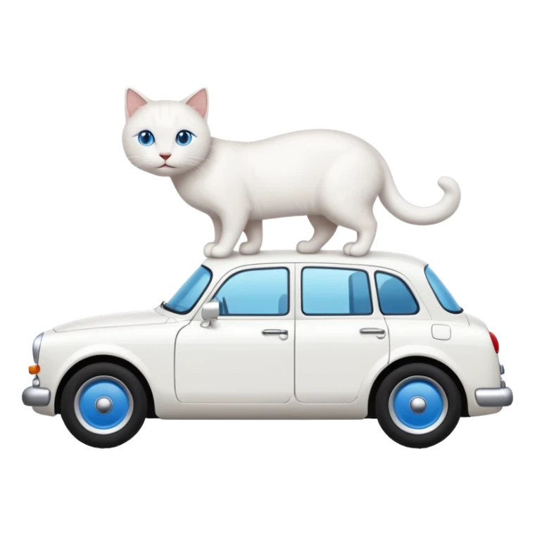 Please create a small emoji the size of 🚗 featuring a pure white cat with blue eyes on a white saloon car viewed from side. Again it is necessary that the emoji must be extremely small, much smaller than a standard sized sticker. sticker