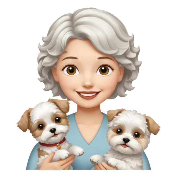 silver, short, wavy-haired with loose curls, smiling pretty lady holding a white west highland terrier dog and a white and tan shih tzu dog sticker
