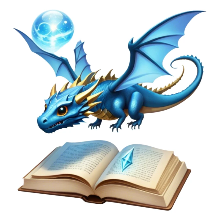 Icon for Fantasy and Sci-Fi Reading: an open book with magical creatures like dragons and fairies flying out, with a futuristic spaceship in the sky and a wizard casting spells. The icon should represent the magic and adventure of fantasy and science fiction worlds. Transparent background. sticker