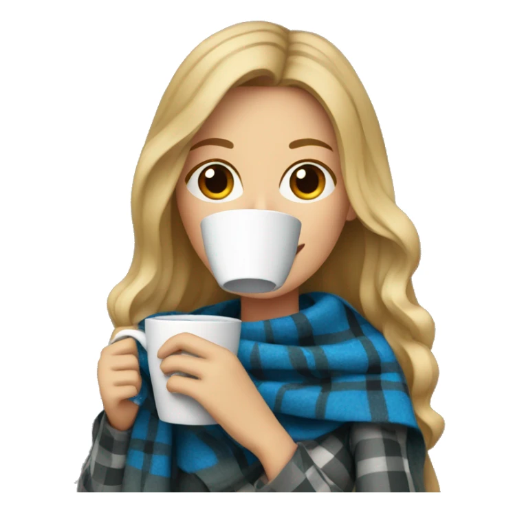 Dark blonde hair woman with blue plaid blanket drinking coffee sticker
