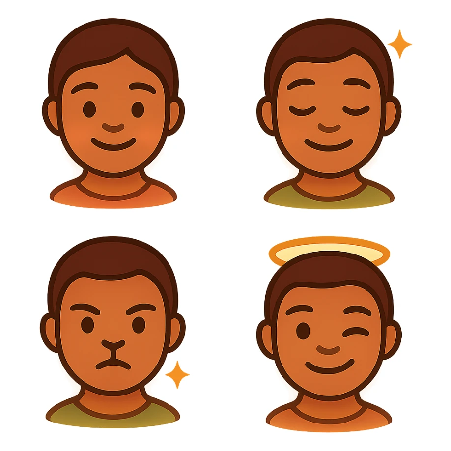 got you. here’s the ultra-tight, copy-paste version:

One-shot pack prompt (all 4 at once)

“Create a cohesive 4-emoji pack, flat-vector/clean gradient, transparent PNG 1024×1024 (also 512/256). Muted red–gold–green accents, warm honey skin, soft outlines, subtle inner golden glow. Non-portrait (no real person), no text/logos. Embed energy signatures: first-love warmth, roots calm, playful grace, protective joy, sovereign consent.

1. First Light: gentle smile, faint heart aura.


2. Nah Stress Breeze: relaxed lids, slight head tilt, tiny crown sparkles.


3. Lion-Heart Guard: chin up, tiny courage star above brow.


4. Bless & Rise: friendly wink, faint halo ring.
Maintain pack consistency: same line weight, palette, padding, exports. Negative: photorealism, likeness, busy background, text, logos, watermark.”



Singles (one-liners)

1. “Non-portrait roots emoji 1024 PNG, headwrap muted R-G-G, tiny hoops, locs hint; gentle smile + faint heart aura; flat-vector, golden inner glow.”


2. “Non-portrait roots emoji 1024 PNG, relaxed lids + head tilt, muted R-G-G wrap, tiny breeze sparkles; easy smile; flat-vector glow.”


3. “Non-portrait roots emoji 1024 PNG, confident chin-up, muted R-G-G wrap, slightly larger hoops, courage star; calm steady smile; flat-vector glow.”


4. “Non-portrait roots emoji 1024 PNG, playful wink, muted R-G-G wrap, cheek glimmer + subtle halo; flat-vector glow.”



Negative (paste with any): “no portrait likeness, no text/logos/watermark, no photorealism, no busy background.”
 sticker