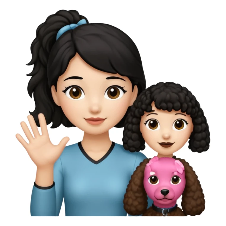 Ponytail black hair girl with brown Poodle say goodbye  sticker