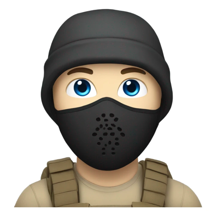 White male, face mask, tan tactical gear, combat boots, gun, black beanie, blue eyes sticker