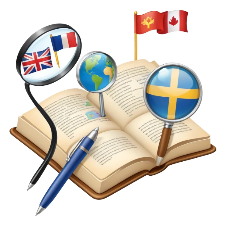 An icon featuring an open book, a pen, and speech bubbles, symbolizing philology and linguistics. The design includes alphabet letters, a magnifying glass, and flags of different countries, representing global languages and communication. Transparent background highlights language study. sticker