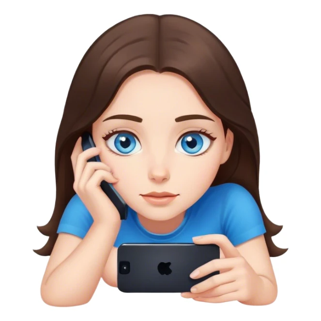 White girl brunett blue eyes, laying on stomach  using her phone sticker