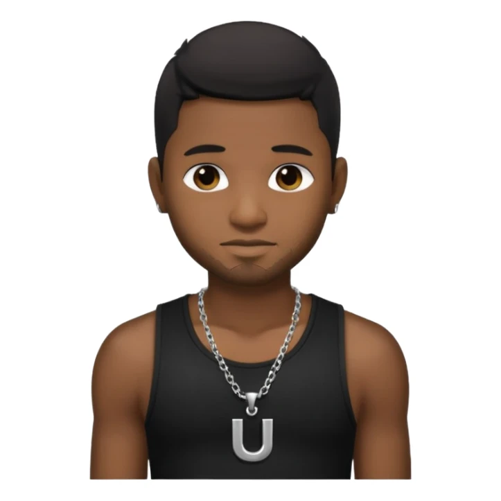Usher black hair, black tank top with necklace with letter u sticker