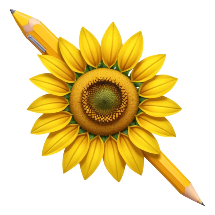 A hyper-realistic object that is half sunflower and half wooden pencil, merging seamlessly at the midpoint. Bright yellow petals, natural textures, detailed graphite tip, soft studio lighting, high-resolution. sticker