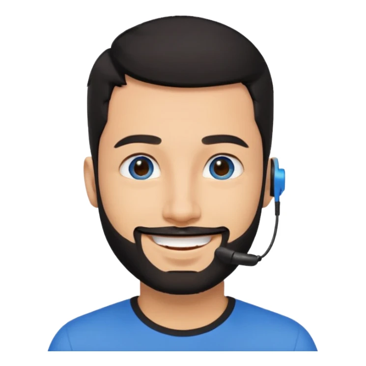 Man 30, black short hair, blue eyes and black short bears, on earpiece sticker