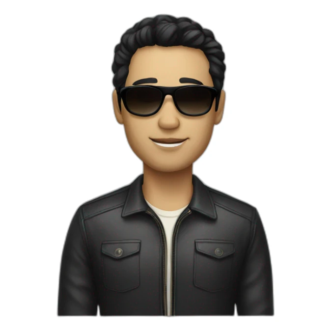 A man with black hair and sunglasses with cream skin sticker