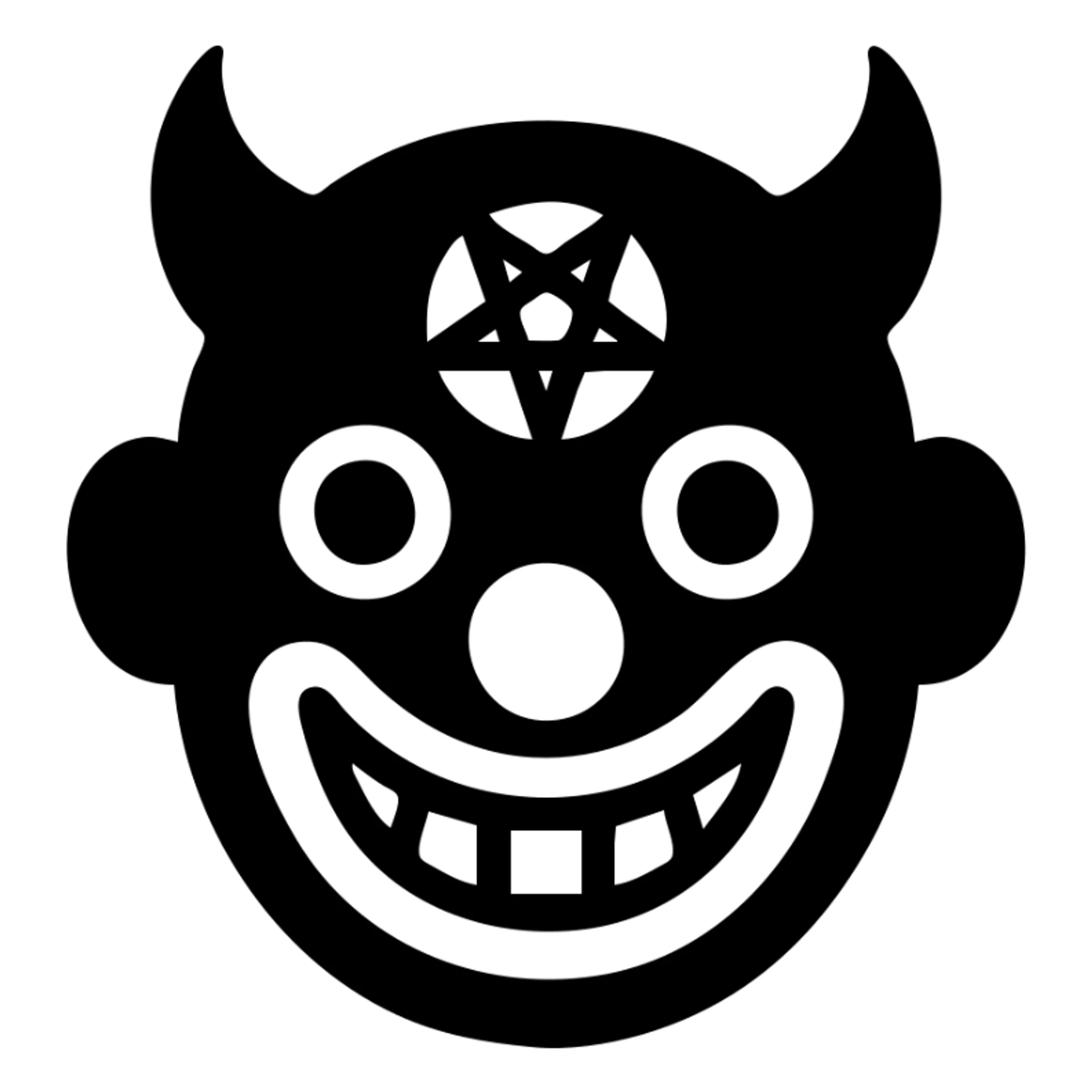 black-filled symbol with grinning clown face, devil horns, and subtle pentagram, representing a group of sinister clown characters sticker