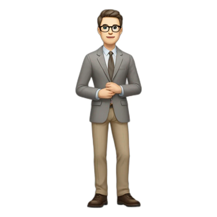 Full height Actively Gesturing Pale skinned fit man with dark brown hair in gray jacket, beige office shirt, brown tie, brown pants and vintage glasses. sticker