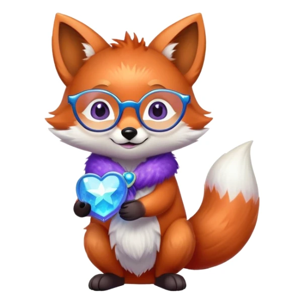 A small magical fox with shimmering purple and blue fur, a glowing fluffy tail, a silver star on its forehead, and round glasses, holding a tiny magical lantern, hugging a big red heart and smiling warmly. 🦊❤️ sticker