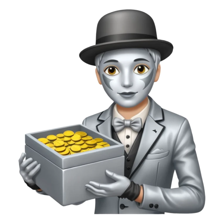 Living statue (silver paint),Street Performers,background street setup, with coins box. sticker