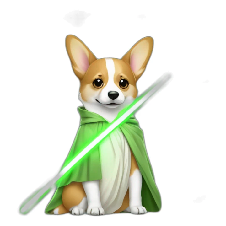 Corgi dress as yoda with one light saber green sticker