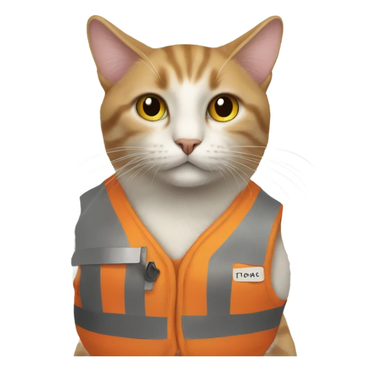 cat with a sign and an orange vest sticker