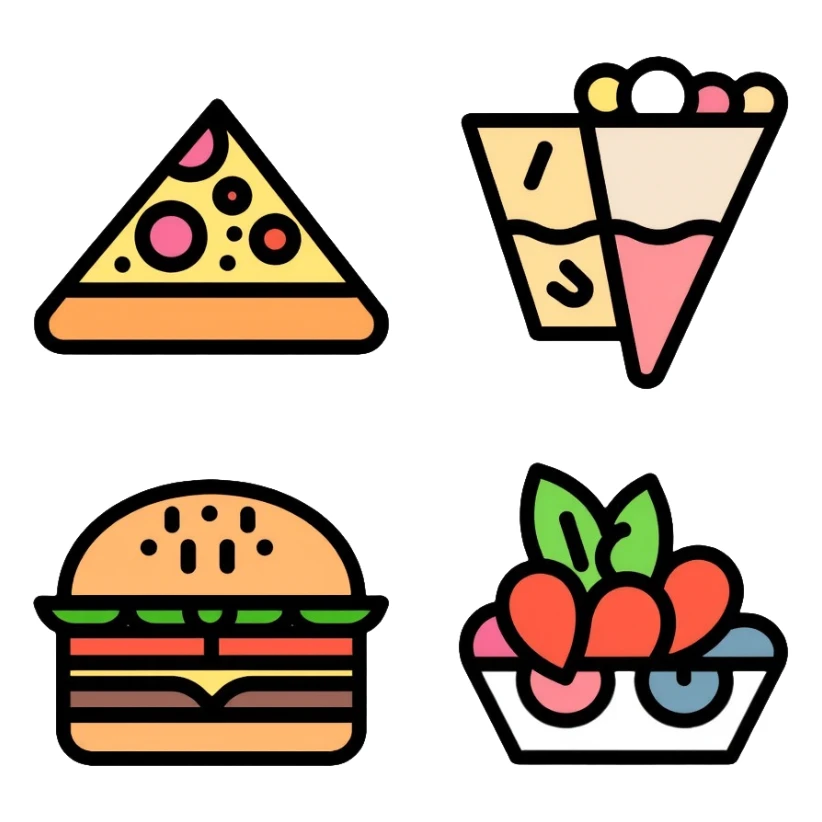 food icon set with pizza, burger, and salad sticker