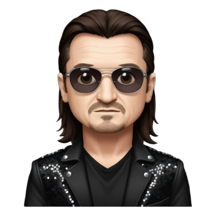 Bono with long dark brown hair, black sequin tour outfit sticker