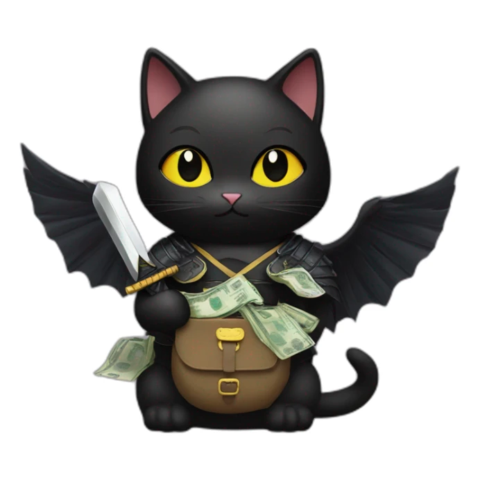 black cat with wings, samurai sword, dressed like a duck and holding a bag of money sticker