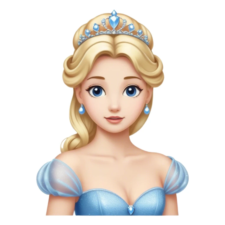Cinematic Majestic Cinderella Portrait Emoji, rendered in a realistic, vector-style with clean, bold shapes. Depict Cinderella with a refined, noble expression, her fair skin luminous and her long blonde hair styled in an elegant updo, adorned with a delicate tiara. Her attire is a simple, sparkling ball gown that radiates soft pastel hues, glowing with a soft, majestic light and a subtle glowing outline, epitomizing classic royal beauty. sticker