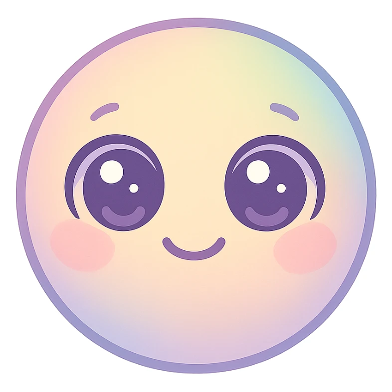 cute emoji, round face, big sparkling eyes, small smile, pastel colors sticker