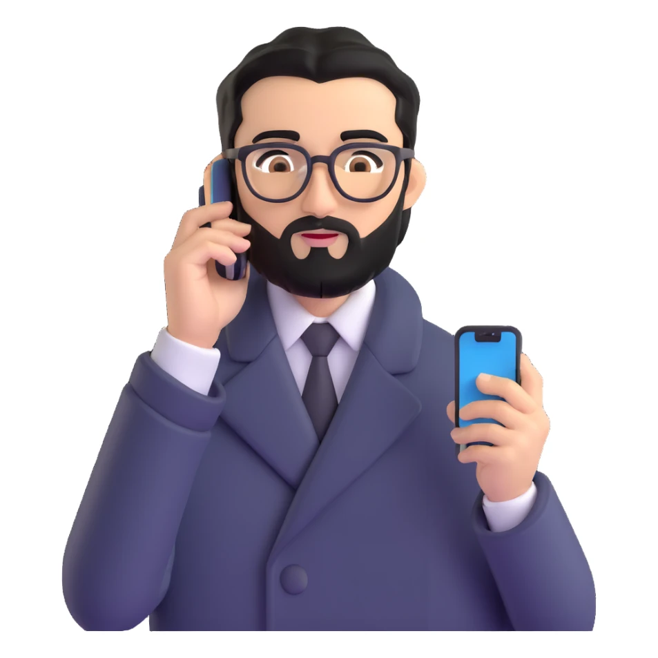 professional man with medium black beard, black hair combed to one side, connected unibrow, olive tan skin, brown eyes, glasses, prominent nose, wearing black coat, holding smartphone to ear in calling position, with subtle office background sticker