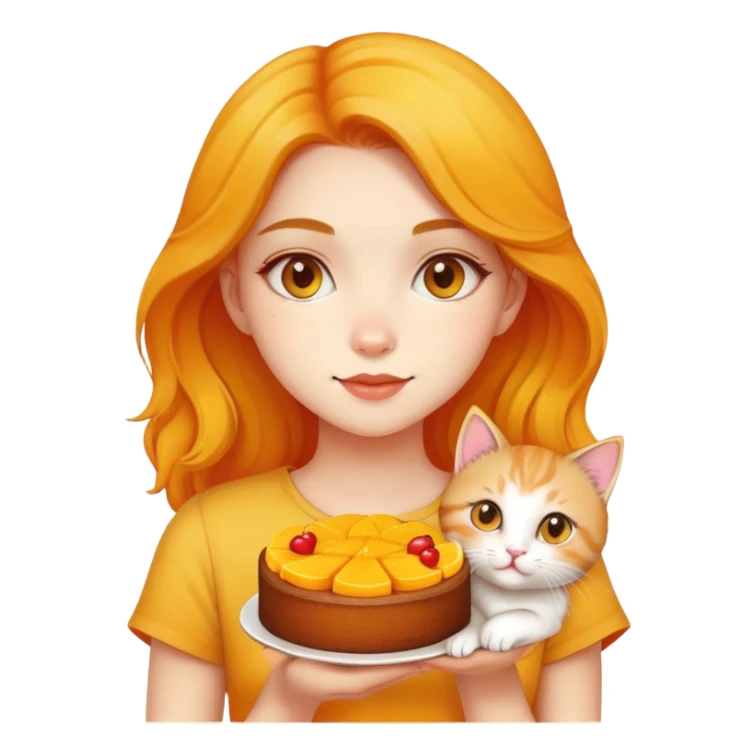 Beautiful girl holding a mango cake and a kitten sticker