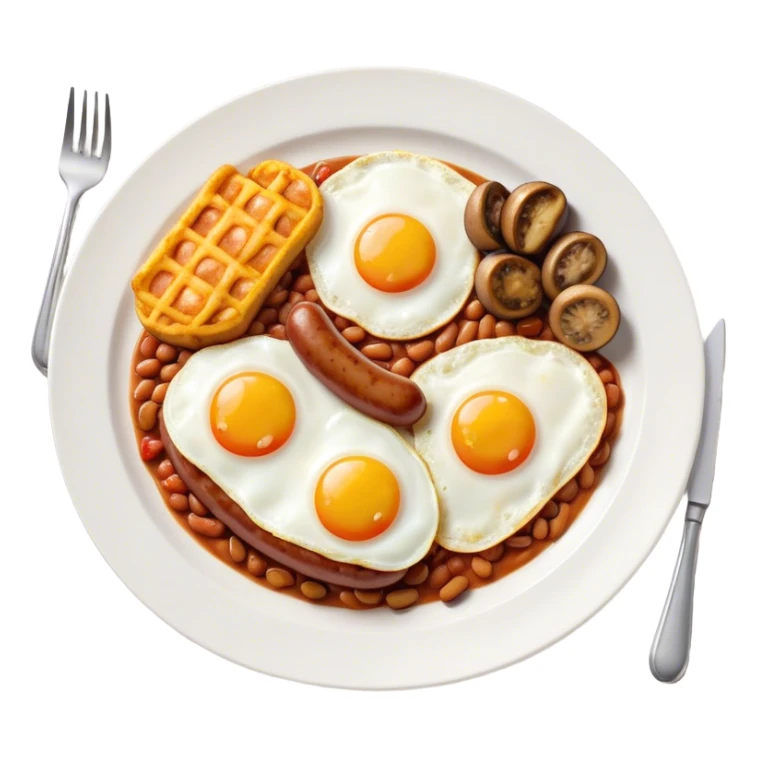 English Breakfast Cinematic Realistic English Breakfast Dish Emoji, depicted as a hearty plate featuring 2 sizzling sausages, a central serving of baked beans, 2 perfectly fried eggs, 2 sliced grilled tomatoes, 2 grilled mushrooms, and a triangle-shaped hash brown, rendered with vivid textures and warm, inviting lighting. sticker
