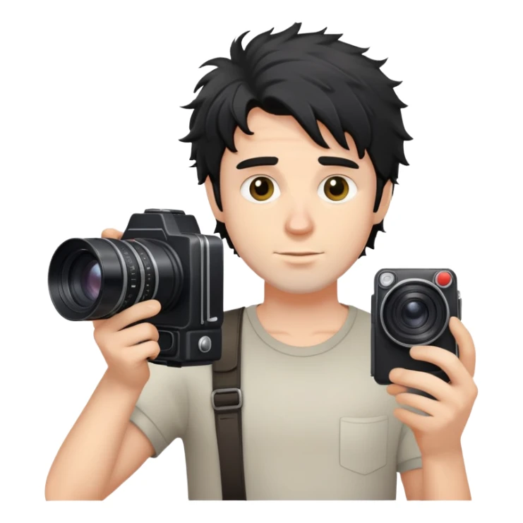 a white man with black messy hair holding a foto camera sticker