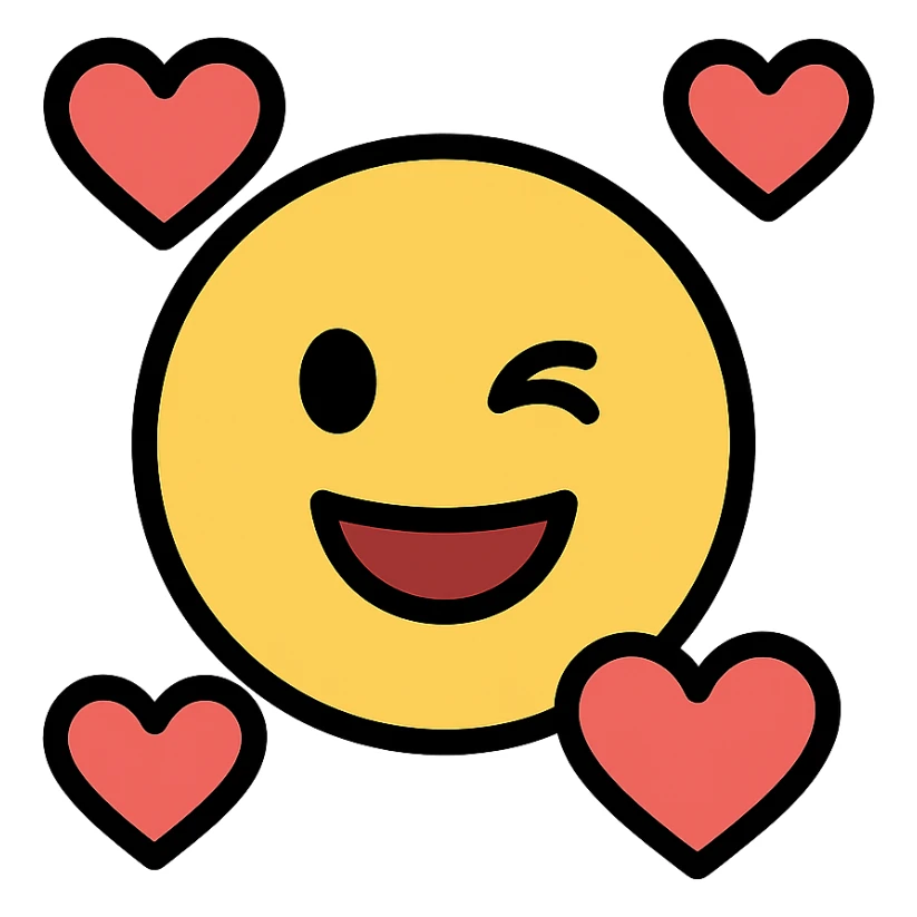 winking silly face surrounded by hearts, modern icon style, bold lines, simple shapes, colorful sticker