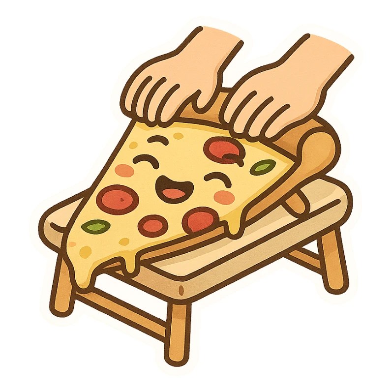cartoon pizza slice lying on a massage table with hands massaging it, cheerful style sticker