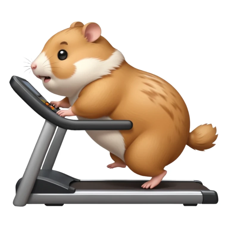 fat hamster big belly trying to run on treadmill sideways desperately trying to catch up with speed sticker