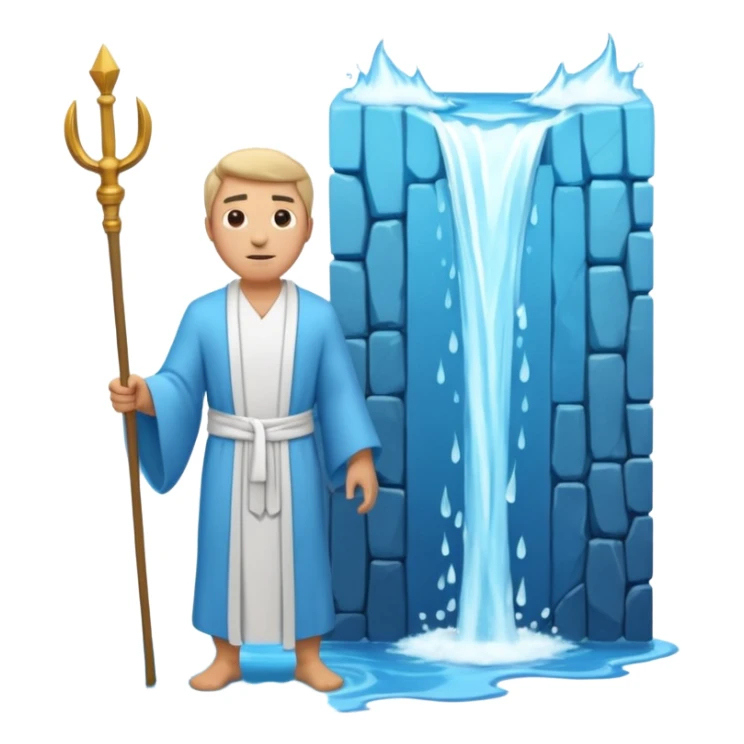 iOS-style 3D emoji: wide blue sea split into two towering water walls, dry path in the middle, Moses standing at the center holding a staff upright sticker