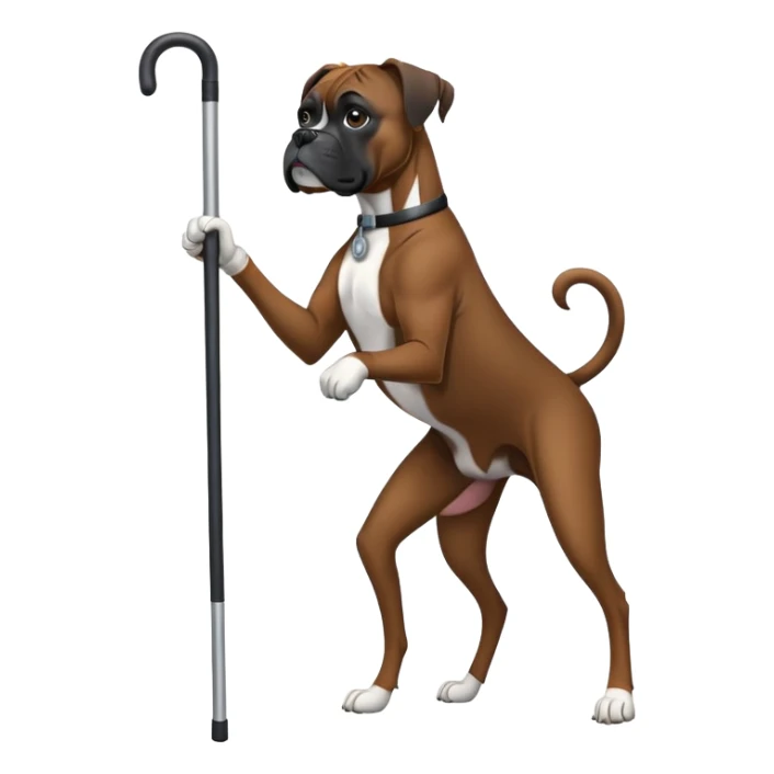 Elderly black boxer dog standing on hind leg using a cane sticker