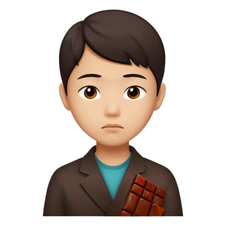 A young Asian dieter with a gloomy expression, thinking of chocolate sticker