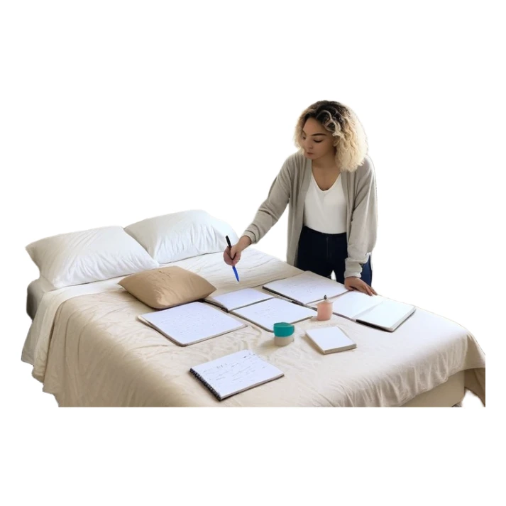 A person stands in a slightly messy room, mid-action—one hand writing a brain dump, the other smoothing out a freshly made bed. Three glowing notes are pinned nearby, marking their top priorities. A planner asks, “How can I make this easier?” Their face shows focus—not stress—activated sticker