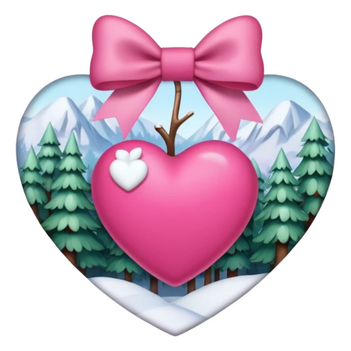 heart with a snowy forest, pink bow with heart pattern on the bow, apple emoji style sticker