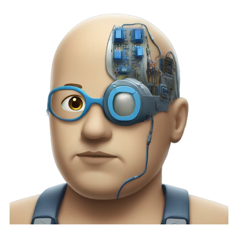 Fat bald cyborg head with tan skin, blue beard, blue goggles and circuits sticker