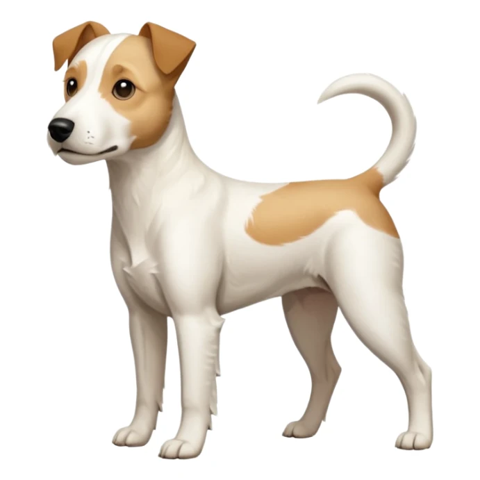 a full body facing front on of a buff white parson russell terrier looking dog the size of a kelpie with light brown long ears and a light brown patch on one eye and a large snout. the rest of the dog is completely white.  sticker