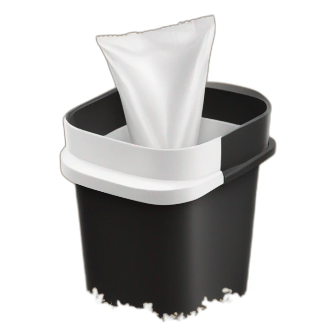 Black cubic plastic container with wood shavings inside, and a white tube that irrigates the top sticker