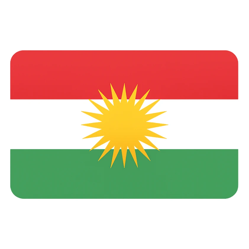 Kurdistan flag, rectangular, vivid red, white, green stripes with a yellow sun in the center, clean and bold design, no text sticker
