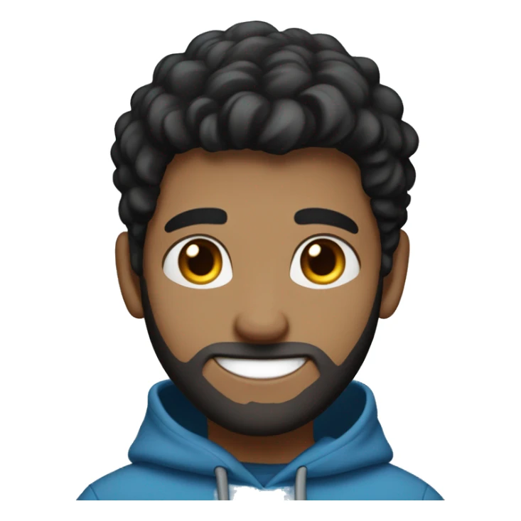 A cheerful young male digital avatar with light skin, large brown eyes, black classic hair, medium beard ,  a bright smile, and a mole on the left cheek, wearing a blue hoodie. sticker