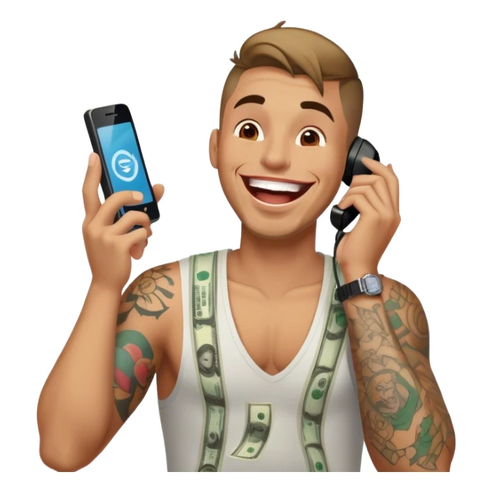 Guy with tattoos laughing on the phone. Money is raining  sticker