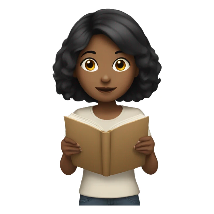 Girl with black hair reading sticker